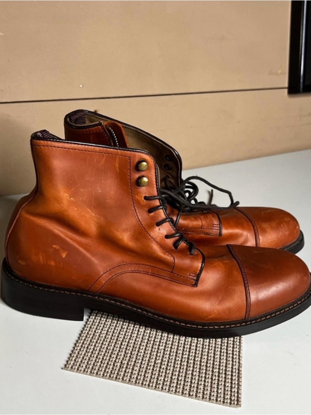 Men's Lace-Up Cap-Toe Boots in Cognac Brown Leather